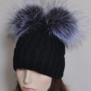 BLACK DOUBLE SILVER FOX FUR POM BEANIE HAT